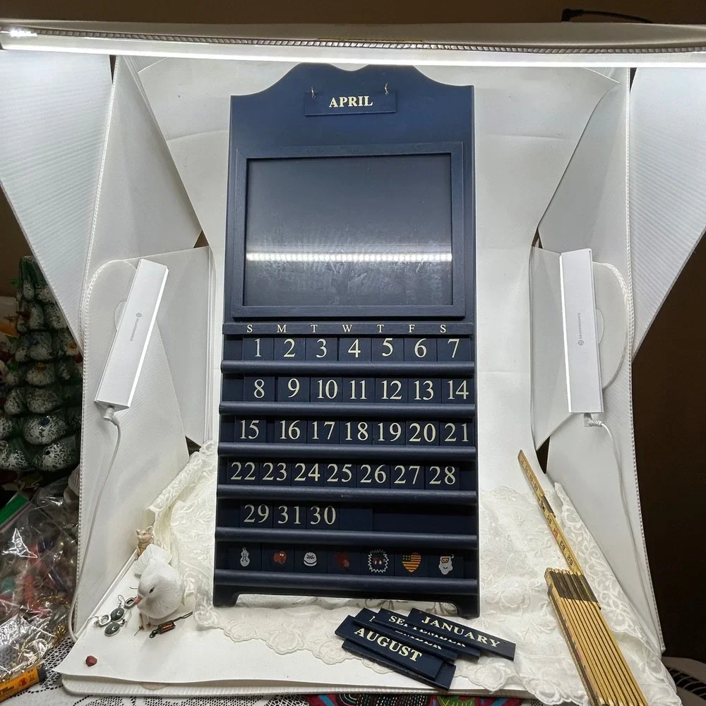 Vintage Wooden Block Blue Perpetual Calendar Complete Cottagecore Wall Mount - Picture 2 of 14